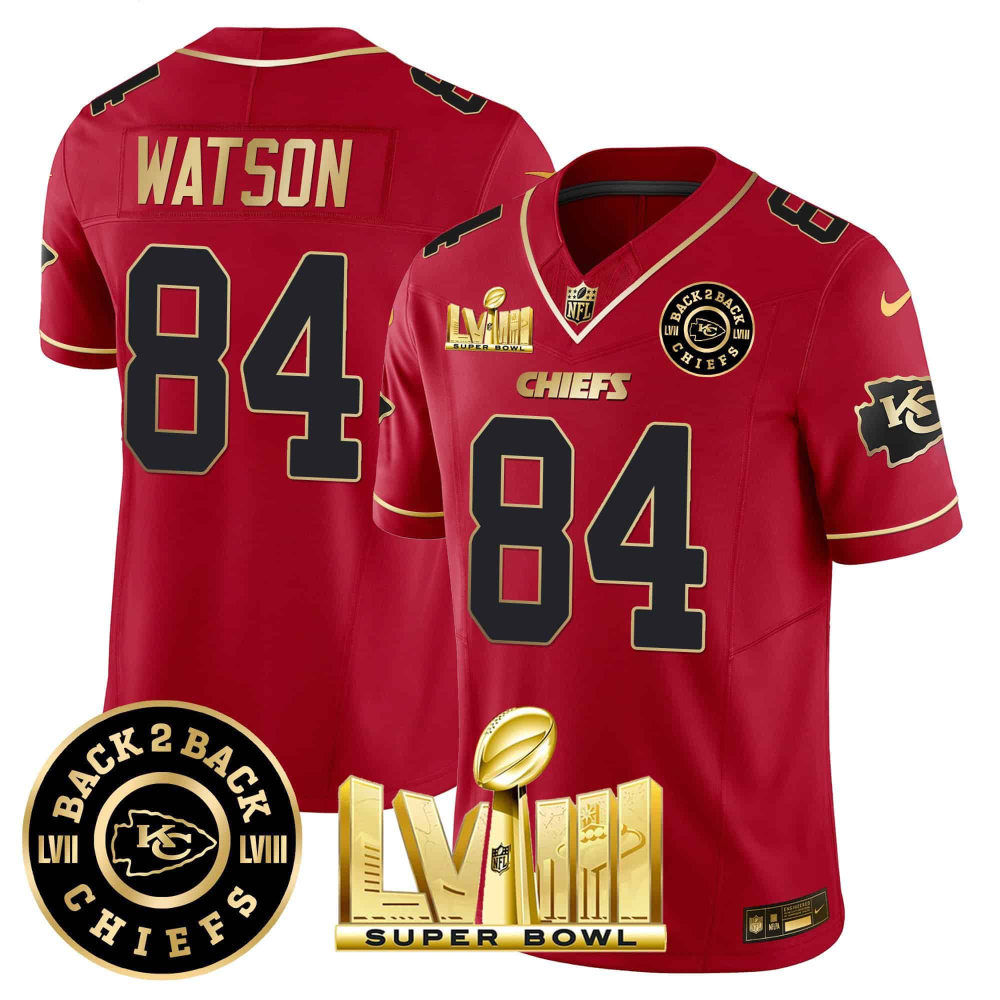 Men Kansas City Chiefs #84 Watson Red 2024 Nike Super Bowl LVIII & Back-2-Back Patch Vapor NFL Jersey style 2